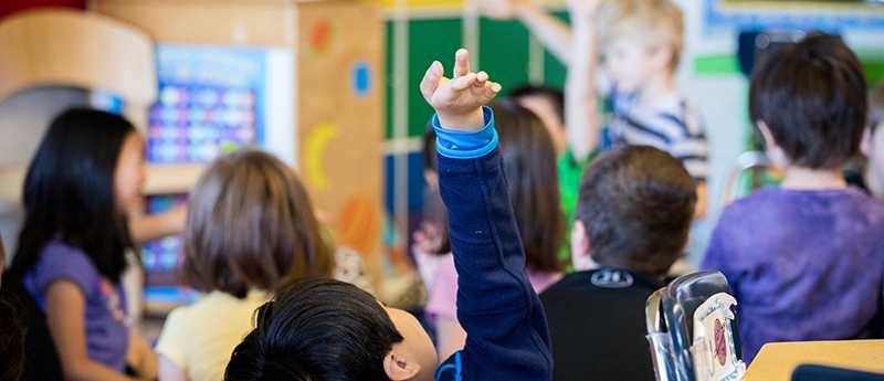 Student raising hand in elementary school classroom
