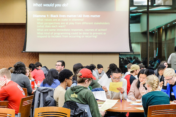 Students take part in a diversity and inclusion training session run by Steve Quintana, professor of counseling psychology at the University of Wisconsin-Madison, in the Gordon Dining and Event Center on Feb. 20, 2017. Quintana is a recipient of a 2017 Distinguished Teaching Award.