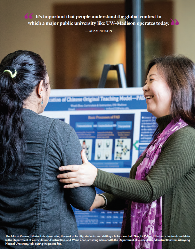 two people at a research fair with text quote "its important that people understand that global context in which a major public university like UW-Madison operates today." adam nelson