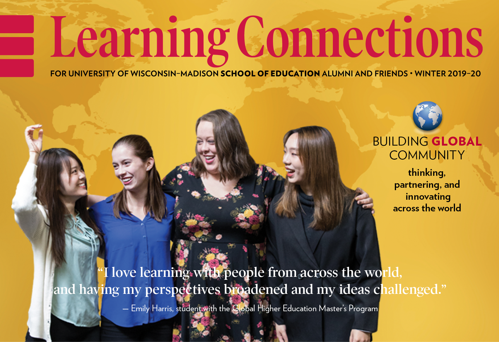 learning connections magazine cover showing global higher education students and a bit of text saying "Building global community"