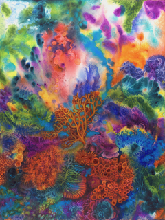 “Screaming In Color: Coral in Crises Series” is a collaborative watercolor by Mary Kay Neumann and Helen Klebesadel.