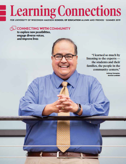 cover of summer 2019 learning connections featuring an alumni standing on a balcony